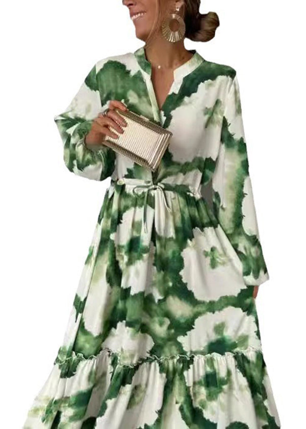Green Ruffled Print Cotton Ankle Dress Lantern Sleeve