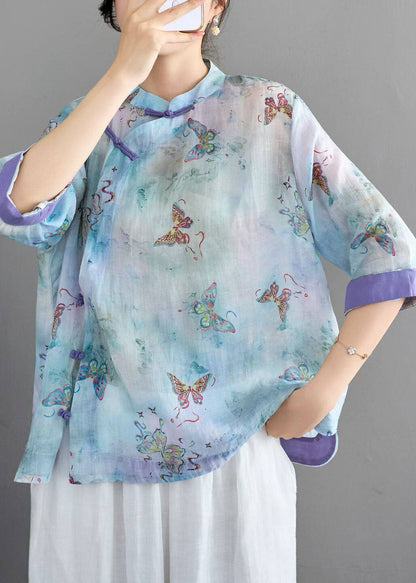 Blue Stand Collar Print Chinese Button Linen Shirt Summer
