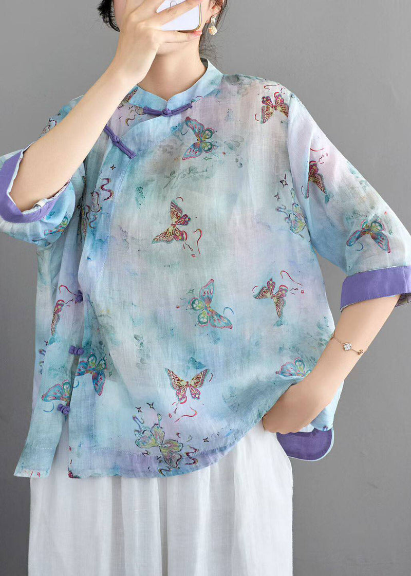 Blue Stand Collar Print Chinese Button Linen Shirt Summer