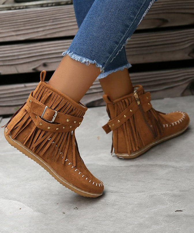 Brown Tassel Splicing Suede Ankle Boots