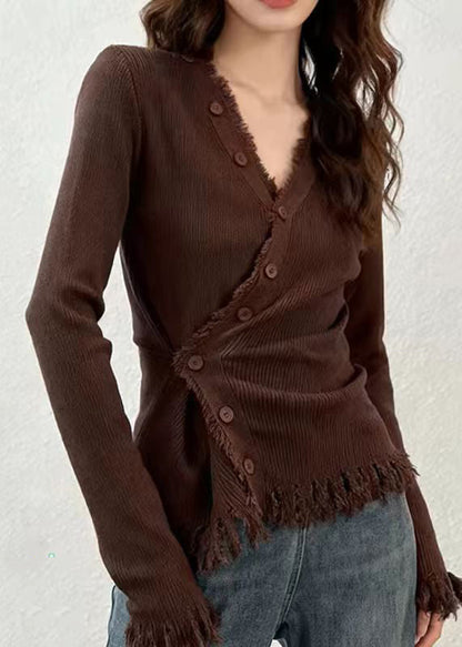 Coffee V Neck Button Cotton Knit Cardigans Spring