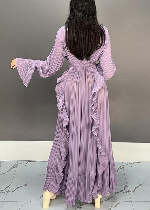 Purple V Neck Ruffled Long Dresses Flare Sleeve