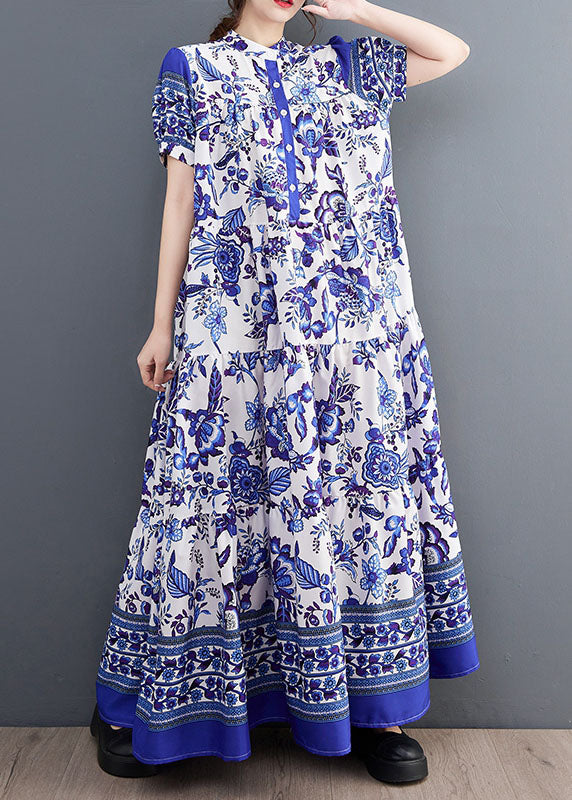 Blue Print Stand Collar Chiffon Long Dress Lantern Sleeve