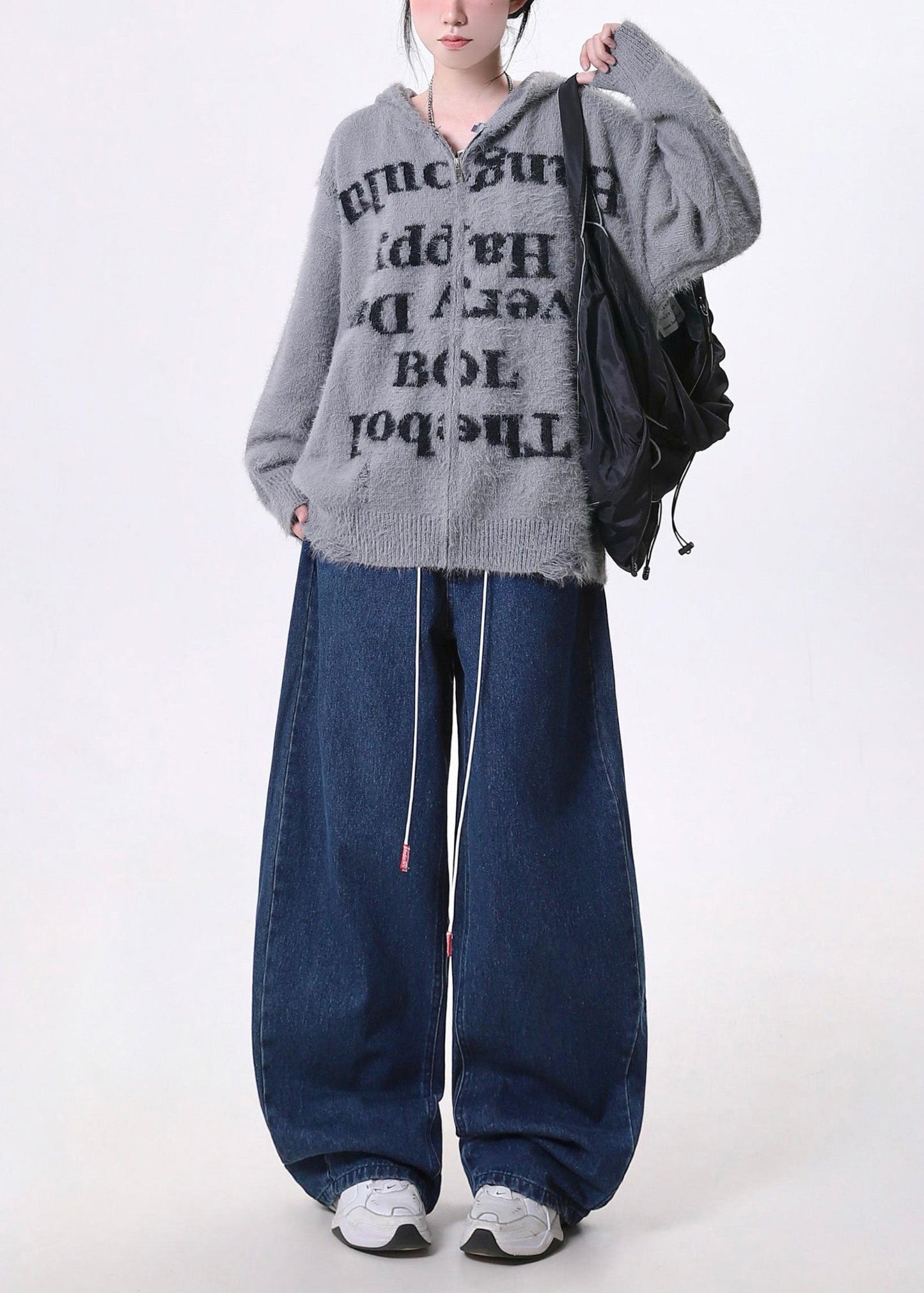 Diy Grey Oversized Letter Print Knit Hoodie Coat Spring