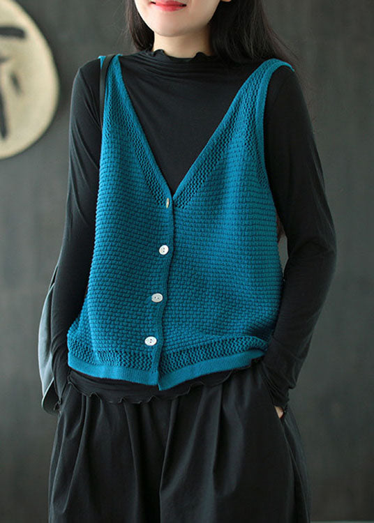 Blue V Neck Button Fall Knit Vest