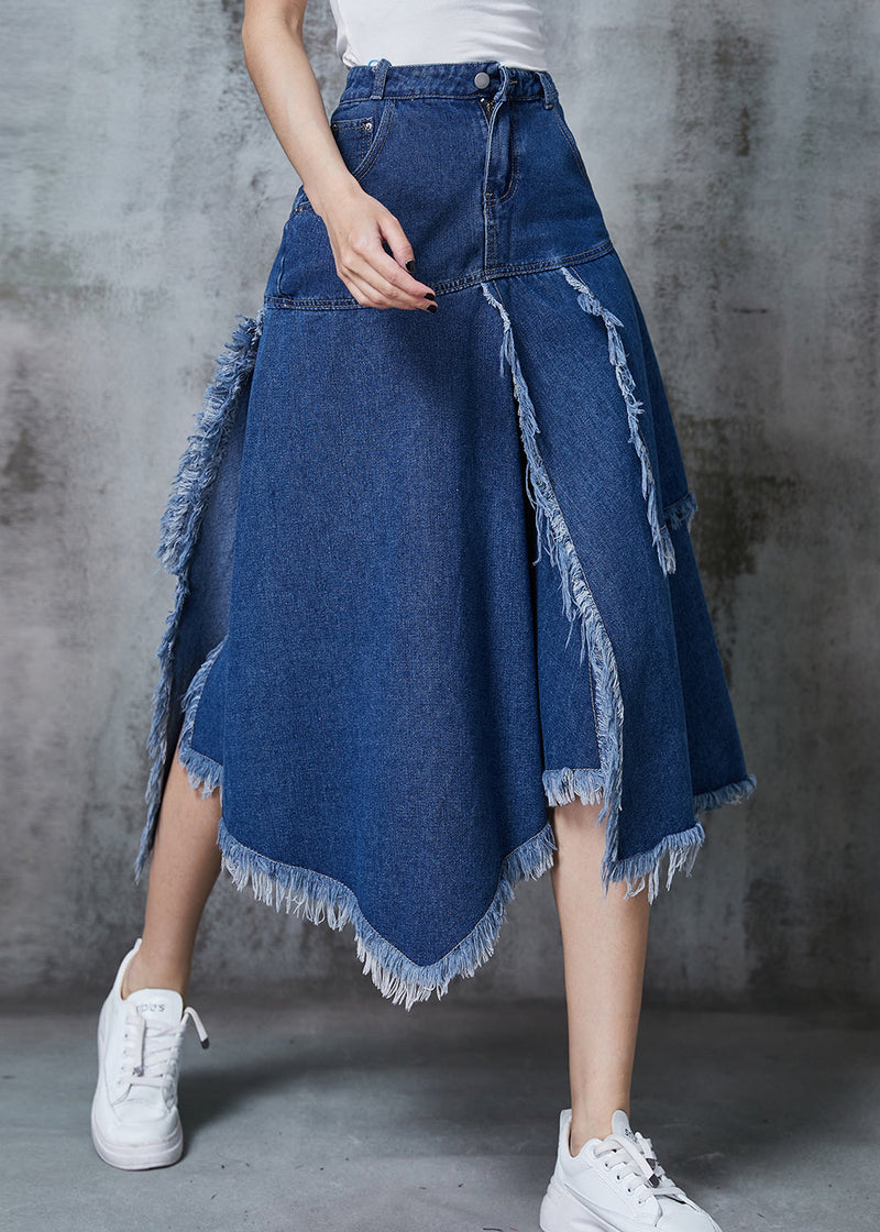 Navy Asymmetrical Patchwork Denim Skirt Summer