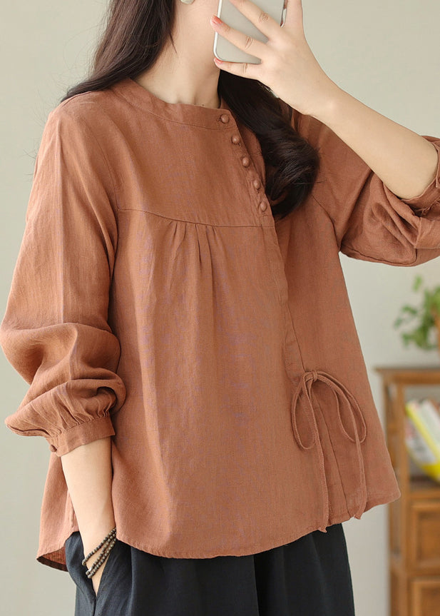 Linen Stand Collar Lace Up Cotton Shirt Top Spring