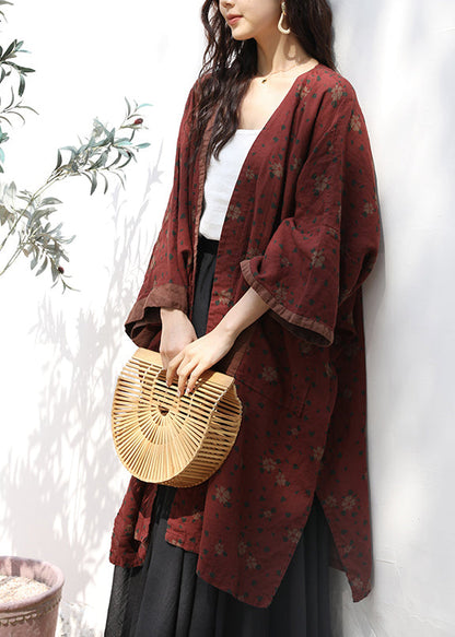 Red Pockets Print Patchwork Linen Cardigans Fall