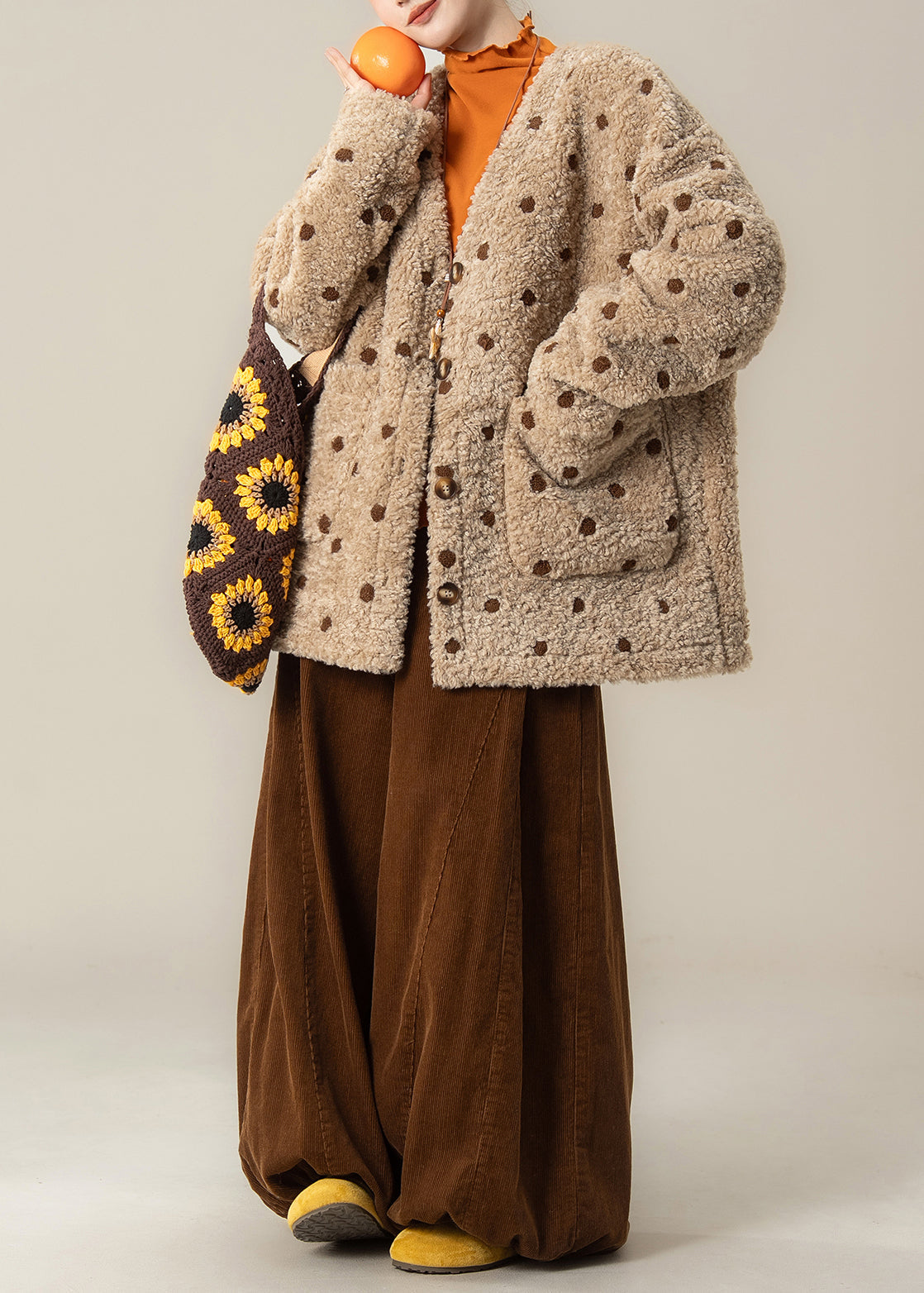 Khaki Oversized Jacquard Warm Faux Wool Jackets Winter
