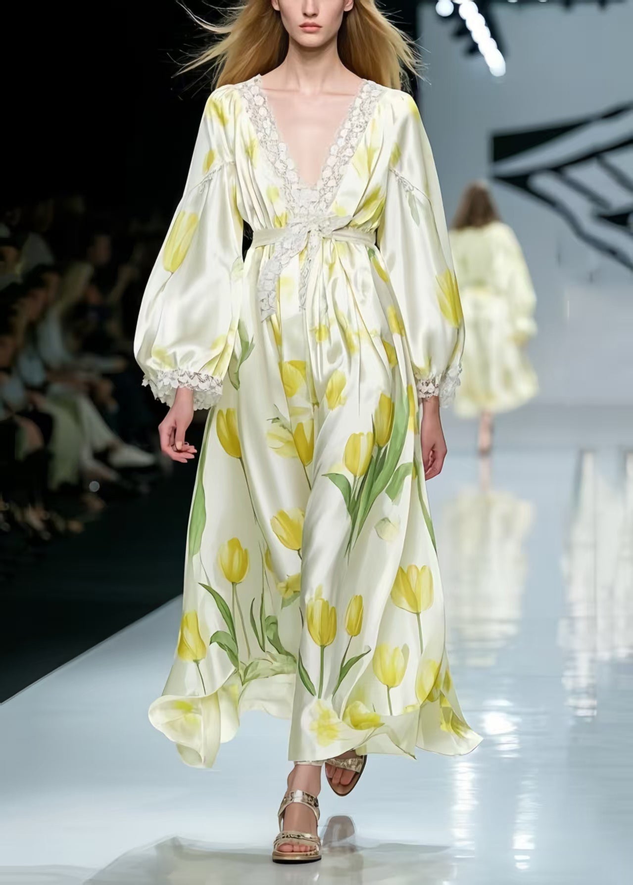 Yellow Silk Party Dress Tie Waist Spring