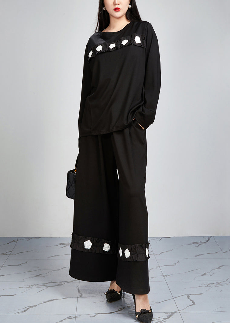 Loose Black Pockets Tops and Wide Leg Pants Cotton Two-piece Set Fall