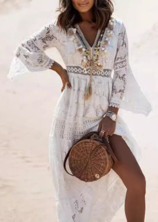 White Tasseled Hollow Out Lace Dresses Summer