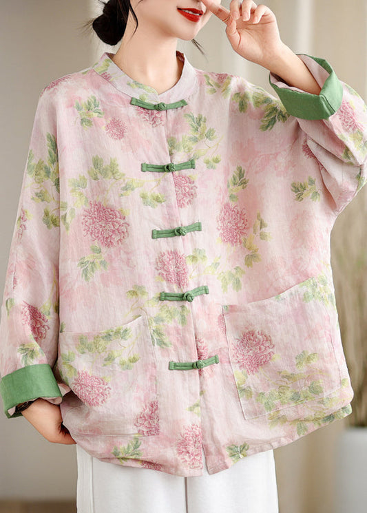 Pink Print Pockets Chinese Button Linen Blouse Top Spring