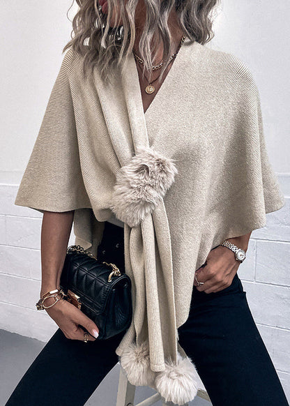 Stylish Apricot V Neck Fuzzy Ball Patchwork Knit Cape Fall