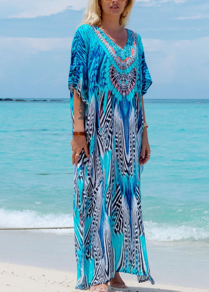 Style Blue V Neck Print Side Open Cotton Long Dress Summer