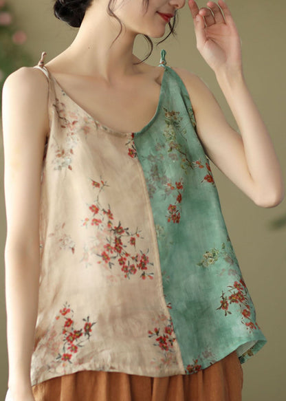 Yellow Green Print Linen Spaghetti Strap Top Summer