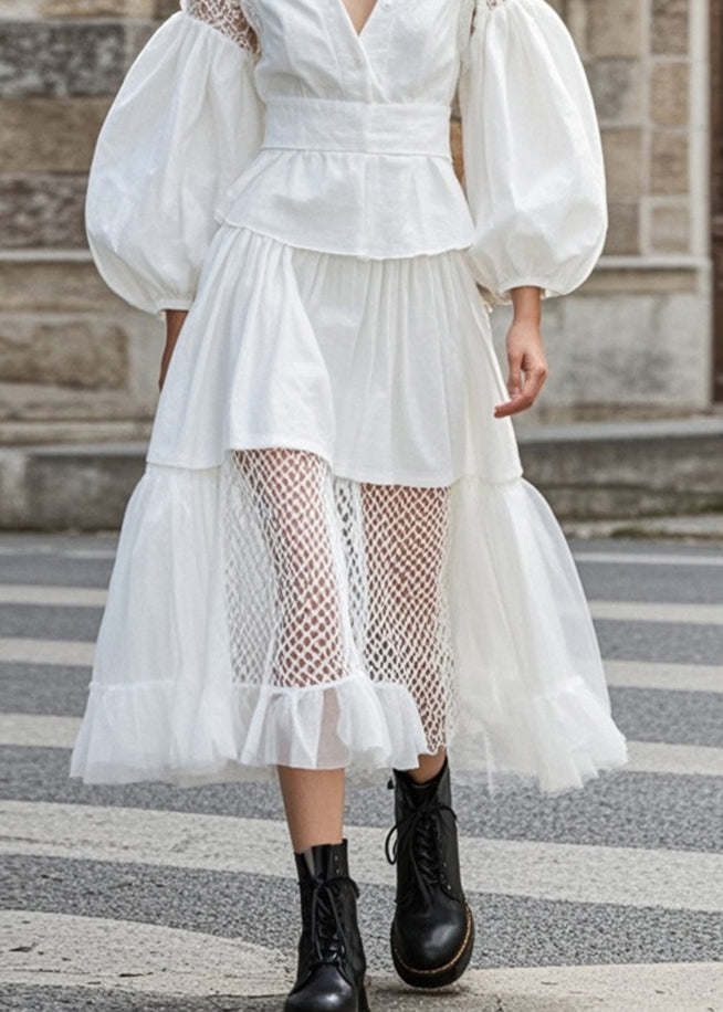 White Hollow Out Patchwork Lace Cotton Vestidos Dress Puff Sleeve
