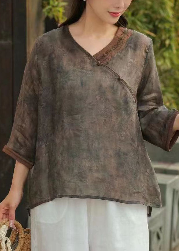 Brown Chinese Button Print Patchwork Linen Top Bracelet Sleeved