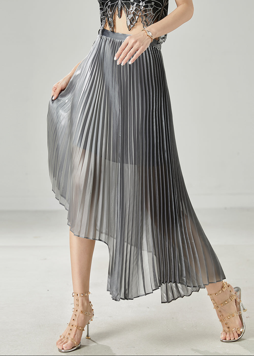 Grey Asymmetrical Design Chiffon Pleated Skirt Summer