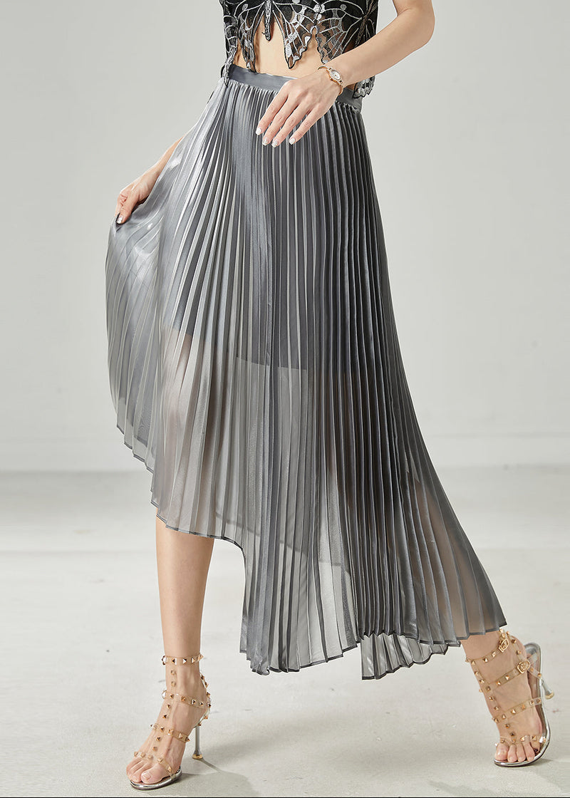 Grey Asymmetrical Design Chiffon Pleated Skirt Summer