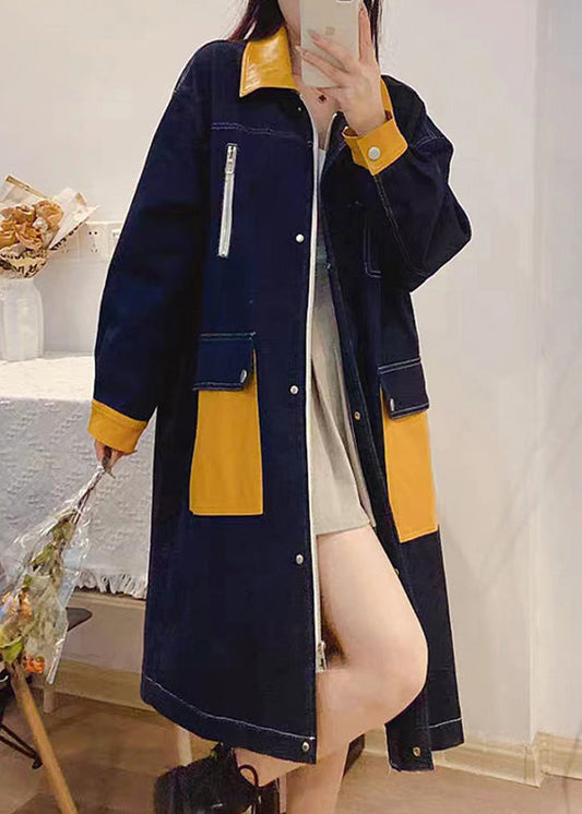 Denim Blue Peter Pan Collar Patchwork Zippered Button Linen Long Trench Coats Fall