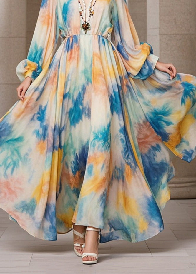 Beige Tie Dye Exra Large Hem Chiffon Maxi Dress Fall