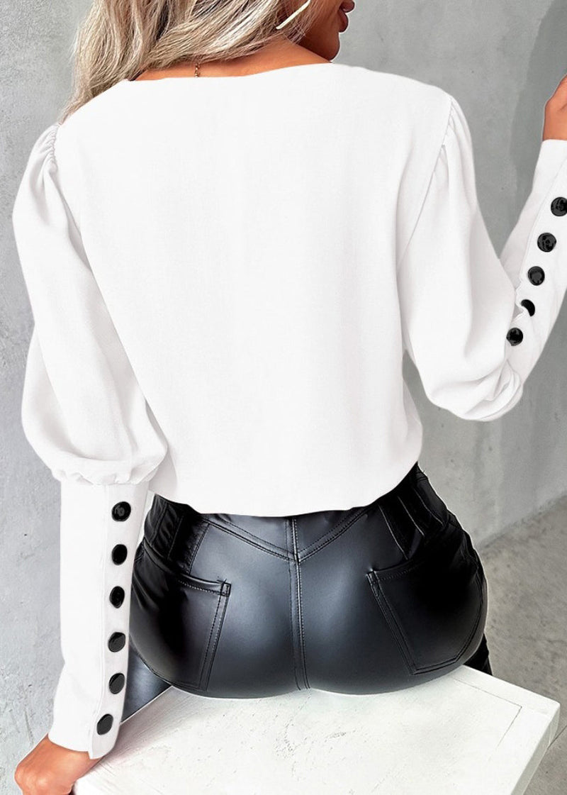 White V Neck Patchwork Cotton Shirts Spring