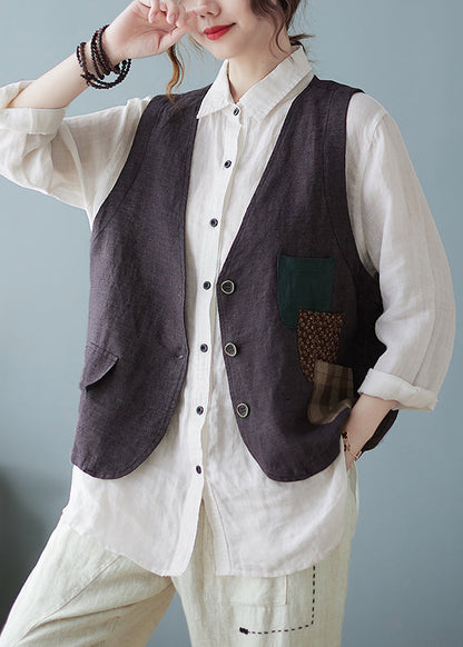 Coffee V Neck Pockets Button Cotton Vest Tops Sleeveless