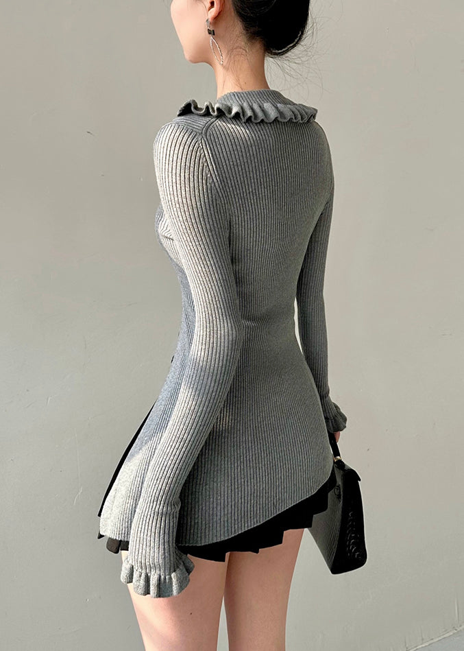Grey Turtleneck Button Knit Sweater Butterfly Sleeve