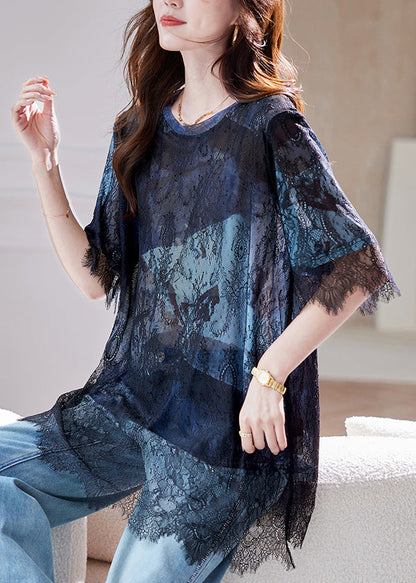 Blue Black Lace Hollow Out Patchwork T-shirt Summer