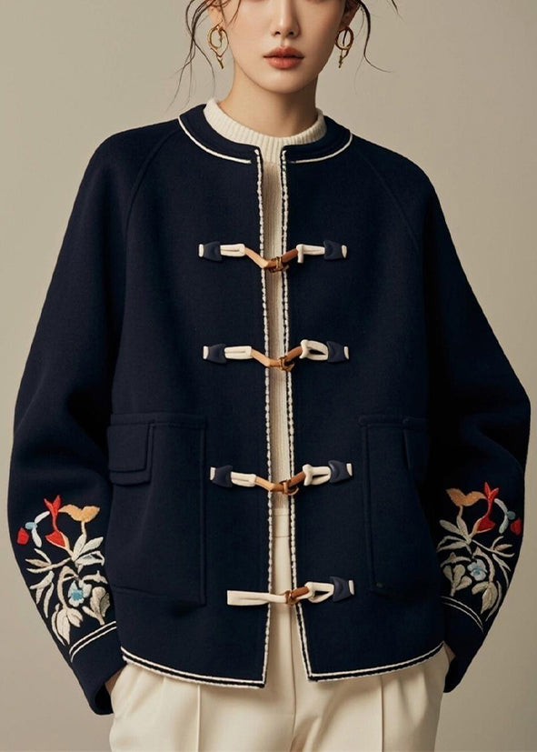 Navy O-neck Button Print Cotton Coat Fall