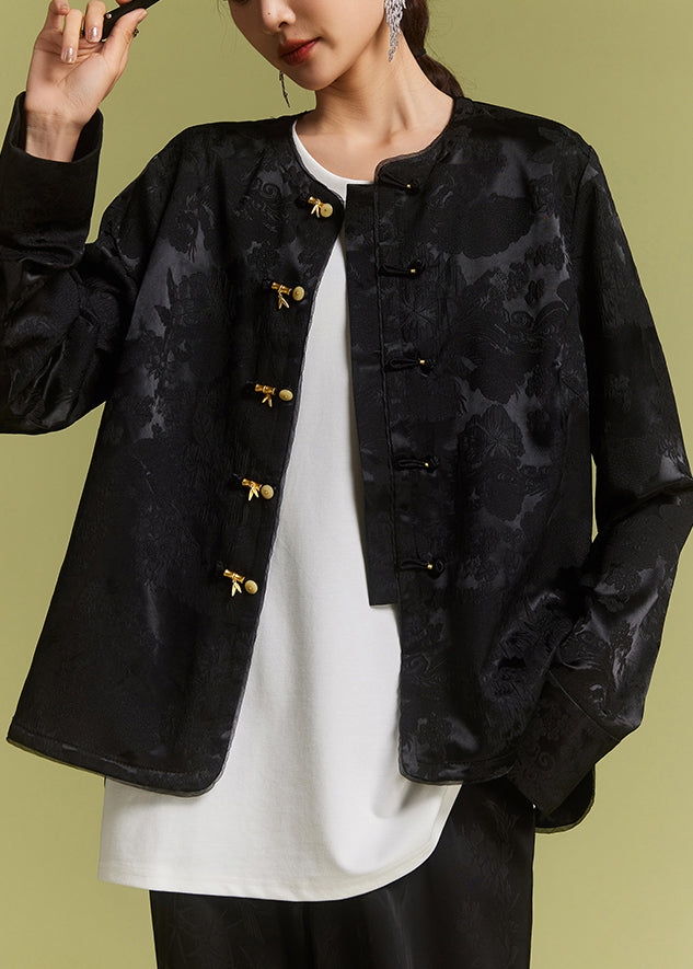 New Black O-neck Button Side Open Silk Coat Fall