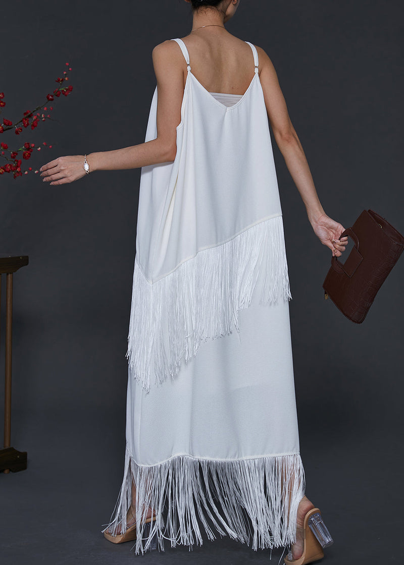 White Tasseled Chiffon Spaghetti Strap Dress Summer