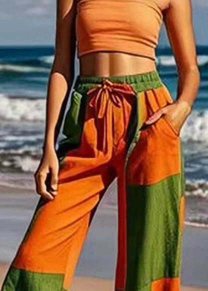 Colorblock Tie Waist Wide Leg Pants Summer