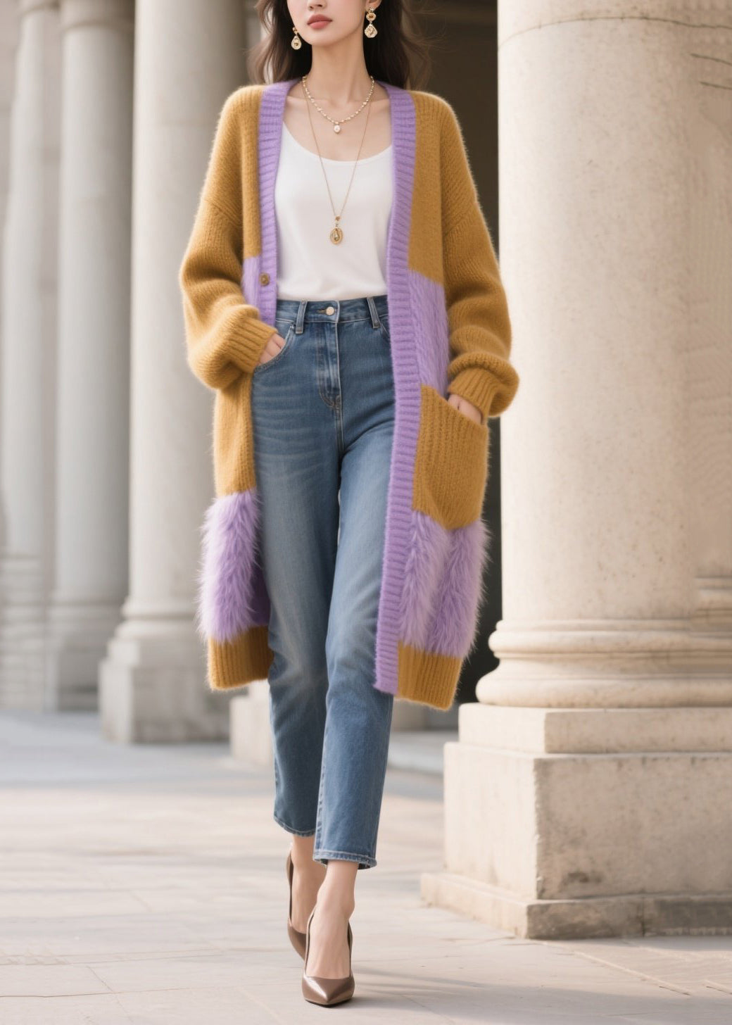 Colorblock Oversized Patchwork Faux Fur Knit Cardigan Winter