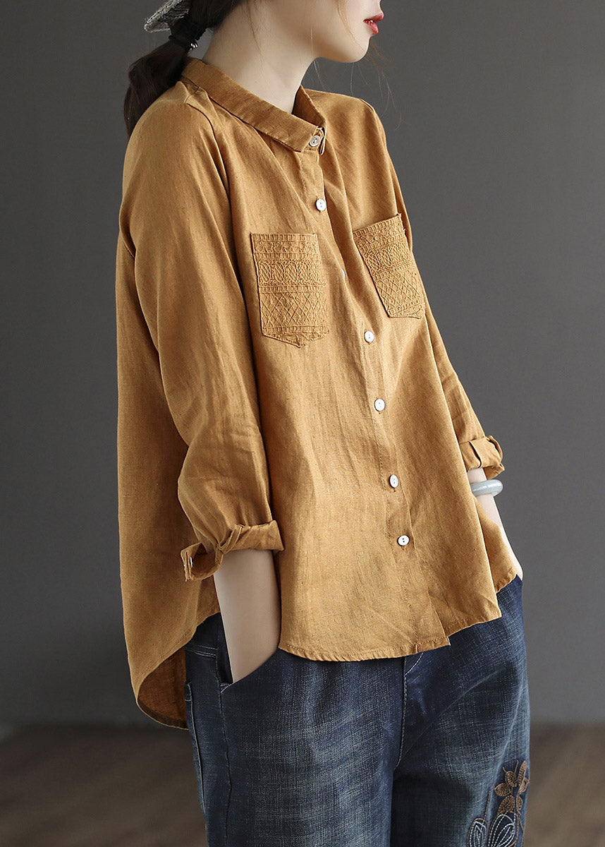 Loose Brown Yellowe Peter Pan Collar Embroidered Button Linen Shirt Long Sleeve