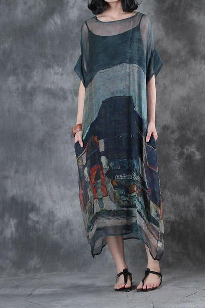 Loose Silk Loose Dresses Summer Blue Outfits