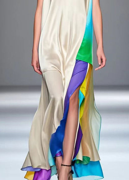 White Asymmetrical Patchwork Silk Vacation Dresses Sleeveless