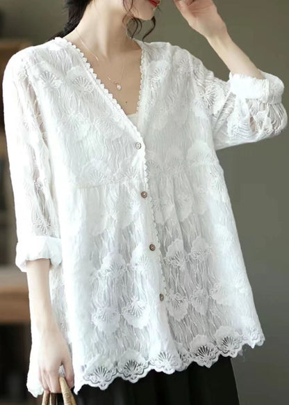 White V Neck Embroideried Lace Cardigans Tops Spring