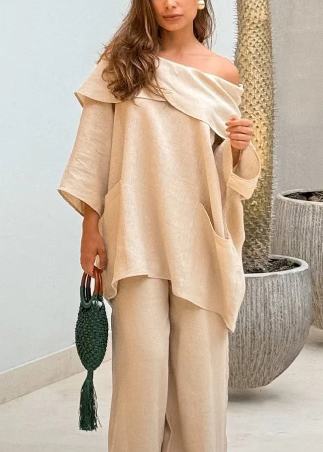 Stylish White Slash Neck Pockets Cotton Top Batwing Sleeve