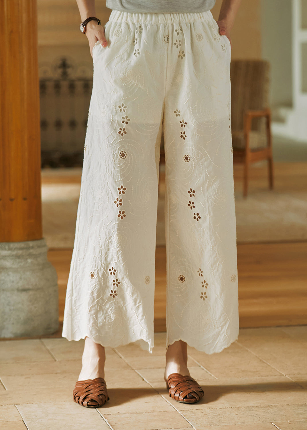 Beige Embroidered Pockets Cotton Wide Leg Pants Summer