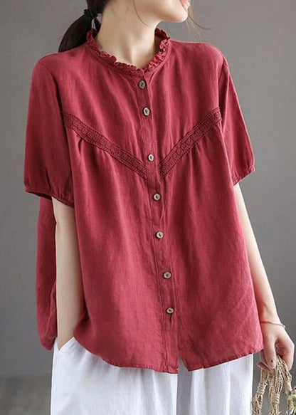 Art Red O-neck Embroidered Button Linen Shirt Lantern Sleeve