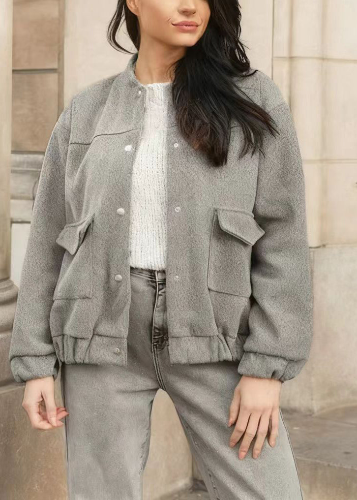 Modern Grey O Neck Pockets Patchwork Cotton Jacket Fall