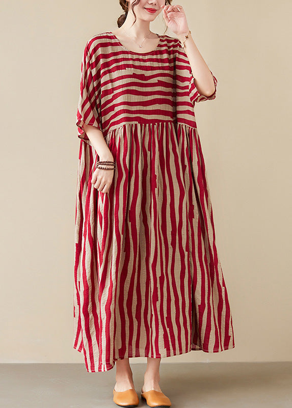 Vogue Red Striped O-neck Long Dresses Short Sleeve