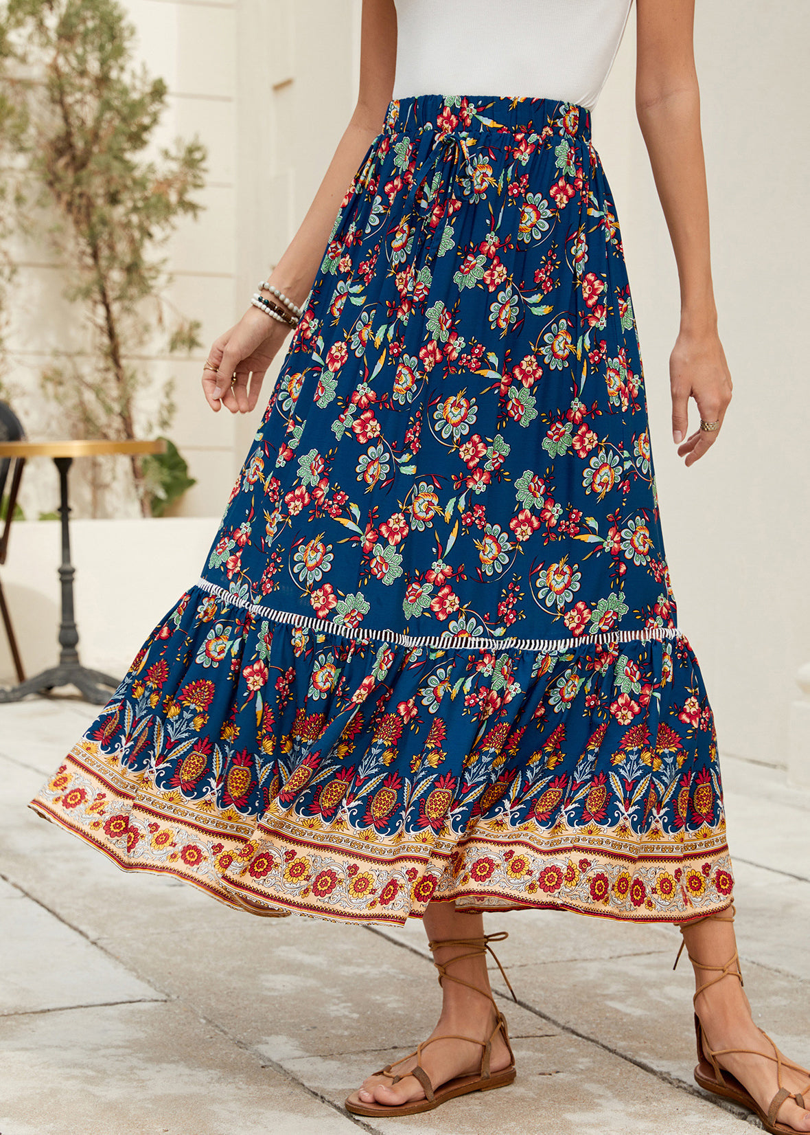 Navy Print Elastic Waist Cotton Skirt Summer