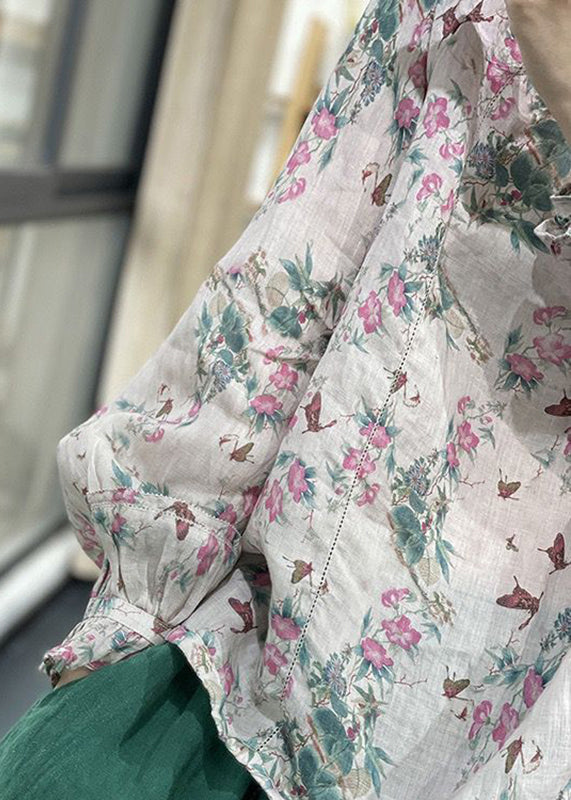 O-neck Print Linen Top Long Sleeve