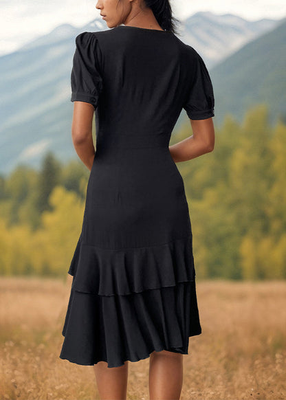 Black V Neck Asymmetrical Design Chiffon Dresses Summer