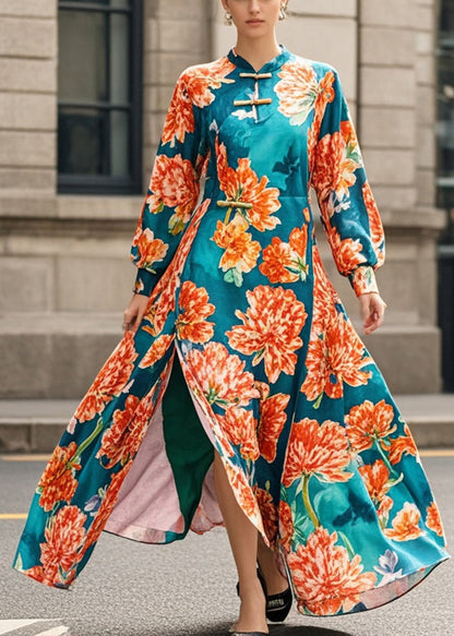 Blackish Green Print Side Open Cheongsam Dress Fall