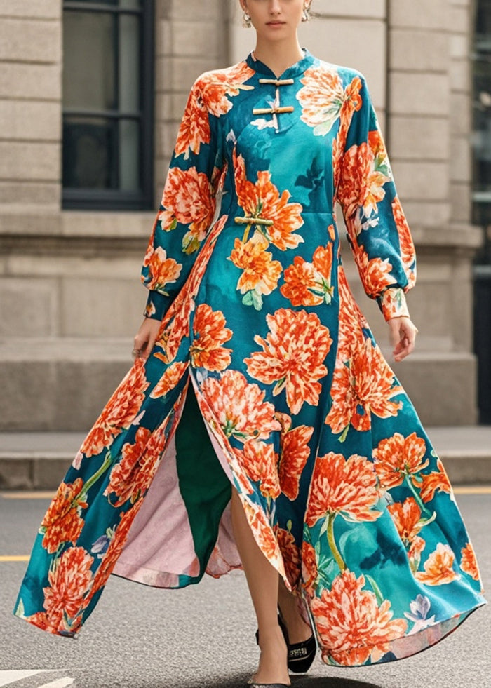 Blackish Green Print Side Open Cheongsam Dress Fall