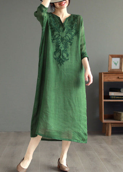 Boutique Green Embroidered Patchwork Linen Dresses Bracelet Sleeve